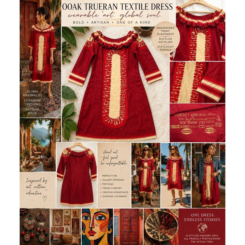 OOAK Trueran Textile Statement Dress Red Wearable Art Global Maximalist Ruffle